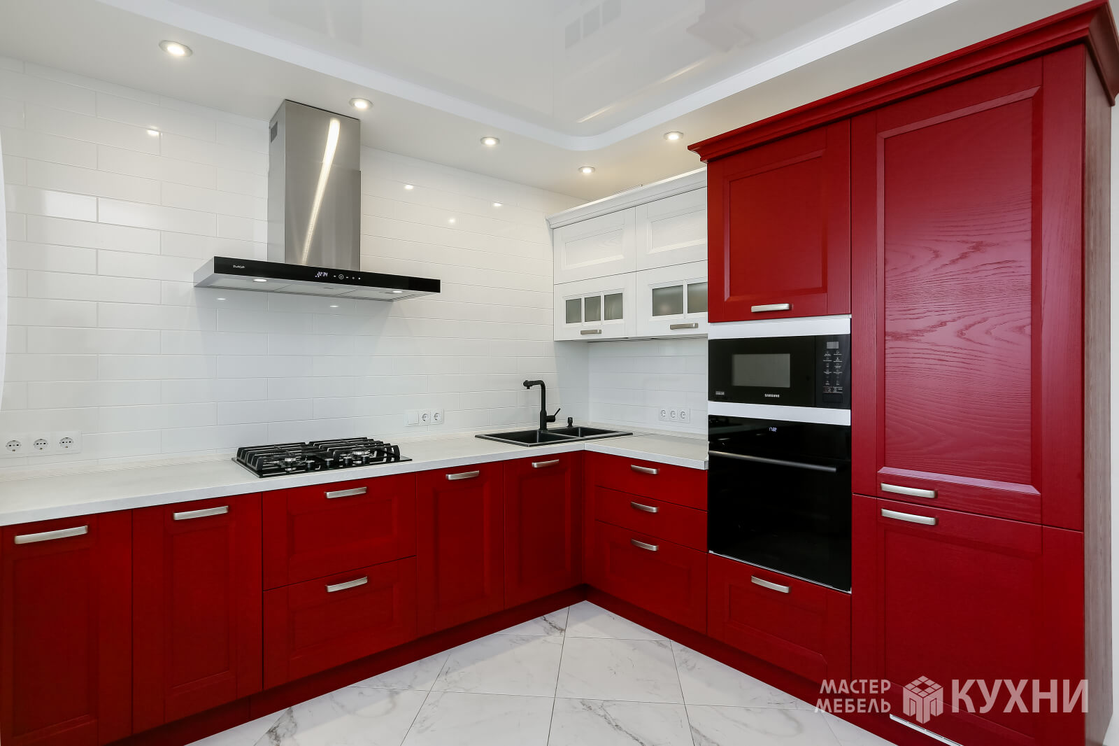угловая кухня арли из массива ясеня - цвет: красный белый - 1
