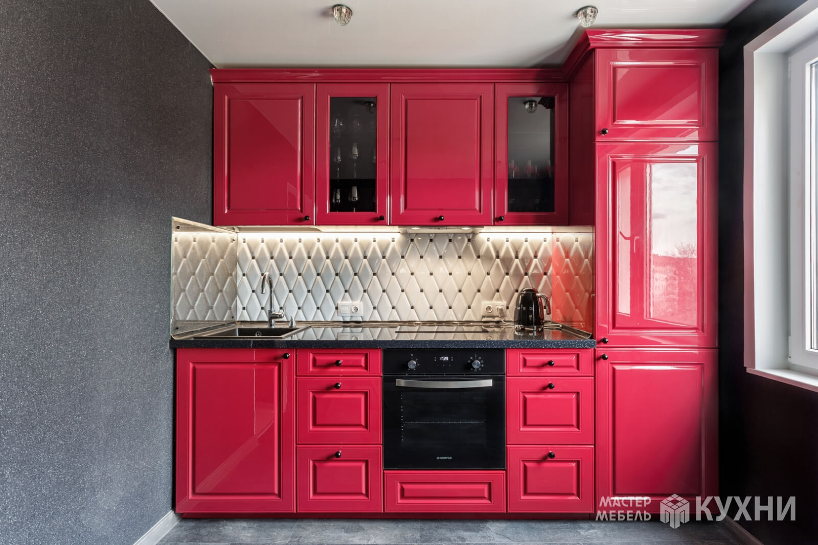 Прямая кухня Париж из крашеного МДФ - Цвет: Розовый Красный - 1